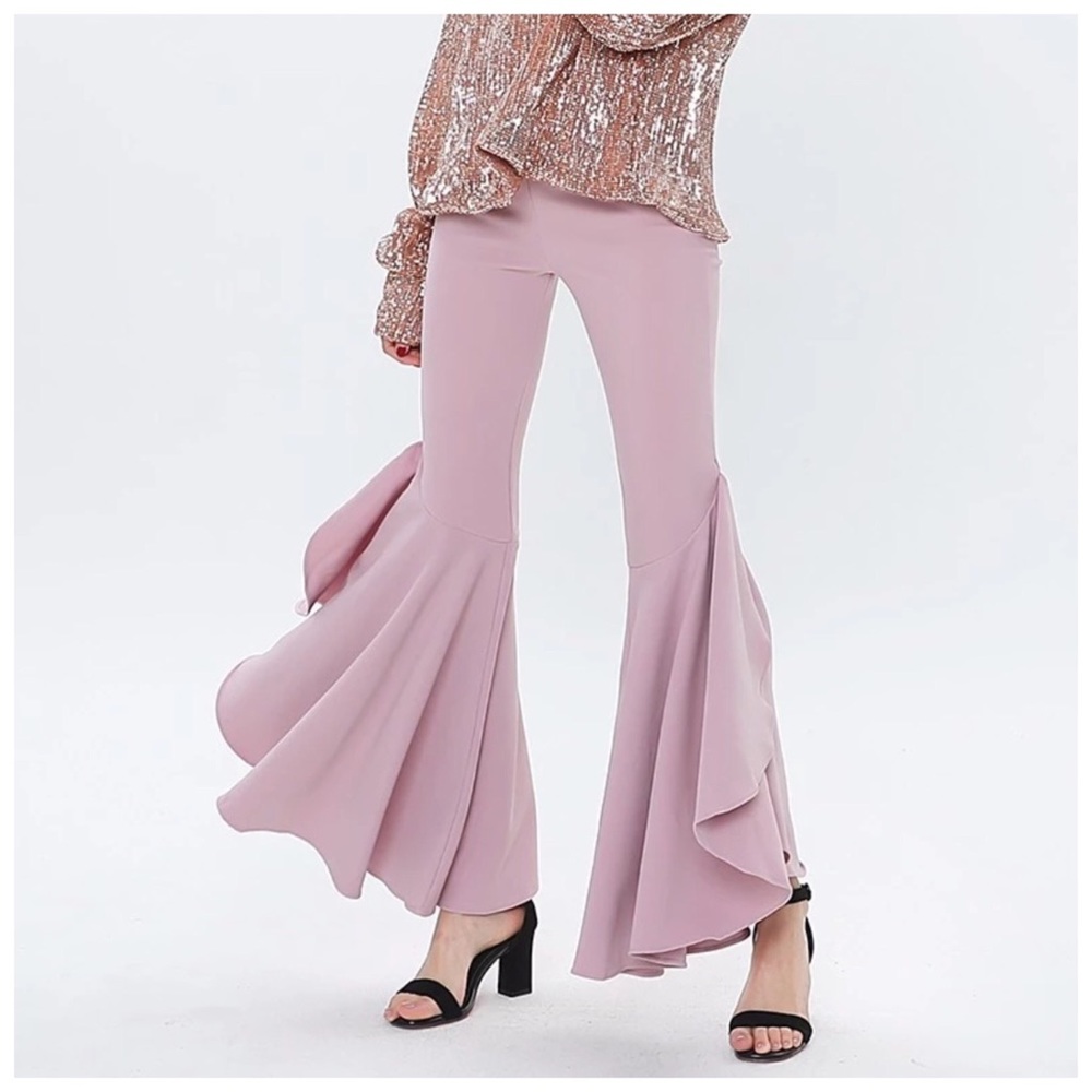 Blush Pink & Black Flared Leg Dramatic Stretch Pants - Picture 3 of 7